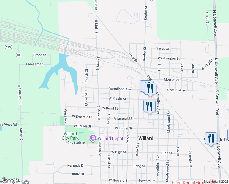 map of restaurants, bars, coffee shops, grocery stores, and more near 317 Woodland Avenue in Willard