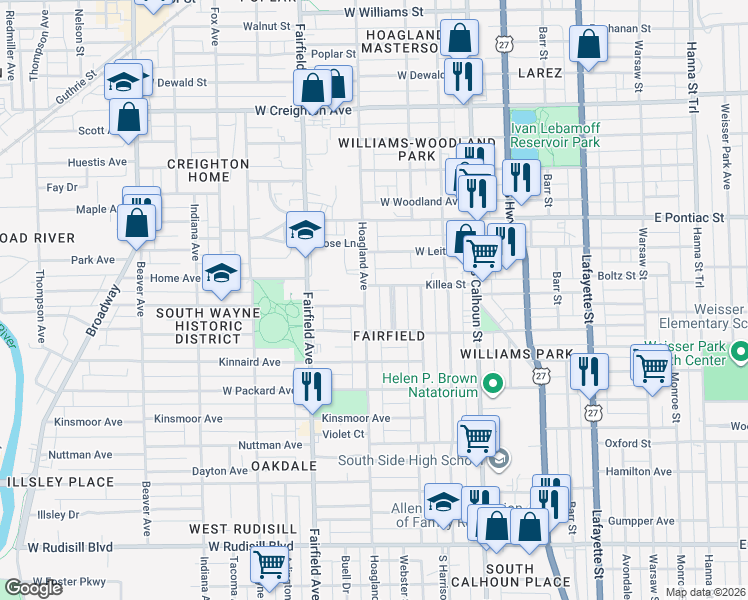 map of restaurants, bars, coffee shops, grocery stores, and more near 2916 Shawnee Drive in Fort Wayne