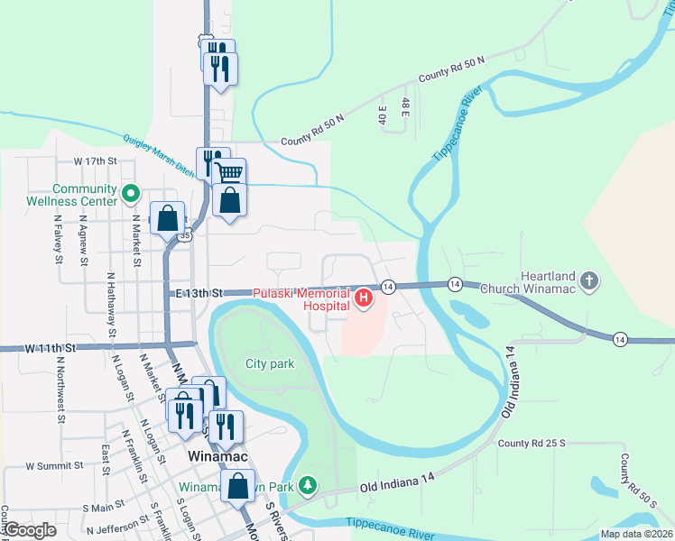 map of restaurants, bars, coffee shops, grocery stores, and more near 525 East 13th Street in Winamac
