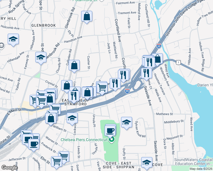 map of restaurants, bars, coffee shops, grocery stores, and more near 29 Standish Road in Stamford