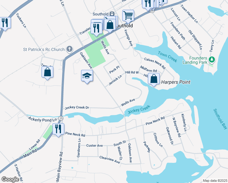 map of restaurants, bars, coffee shops, grocery stores, and more near 2025 Oaklawn Avenue in Southold