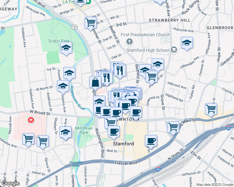 map of restaurants, bars, coffee shops, grocery stores, and more near 700 Summer Street in Stamford