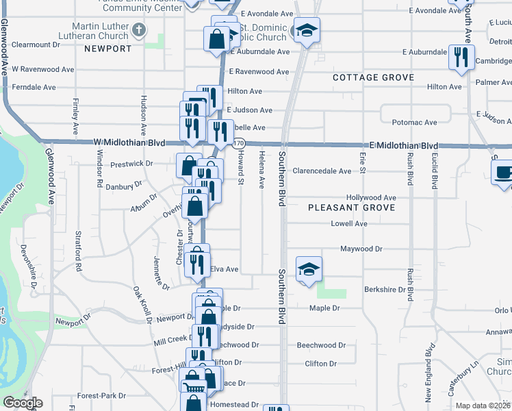 map of restaurants, bars, coffee shops, grocery stores, and more near 4118 Helena Avenue in Youngstown