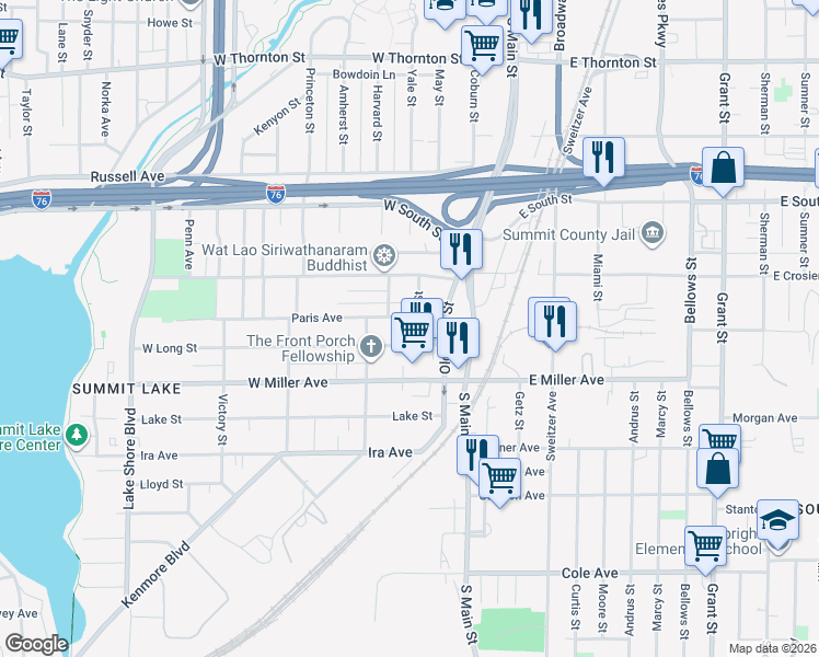 map of restaurants, bars, coffee shops, grocery stores, and more near 54 Paris Avenue in Akron