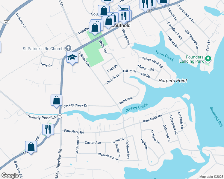 map of restaurants, bars, coffee shops, grocery stores, and more near 2025 Oaklawn Ave in Southold