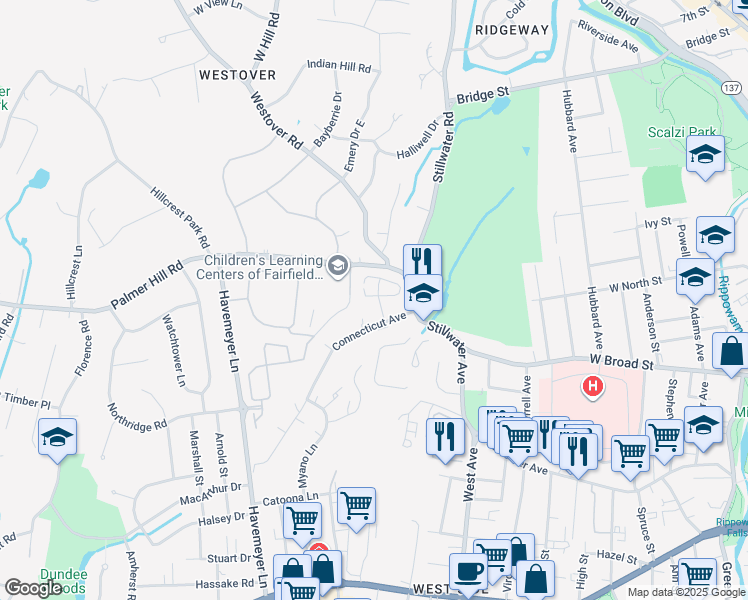 map of restaurants, bars, coffee shops, grocery stores, and more near 64 Stoneridge Circle in Stamford