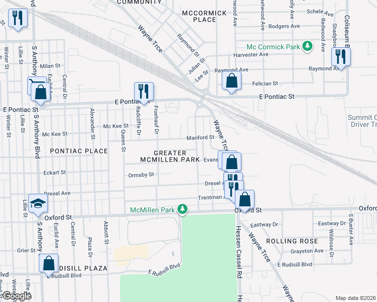 map of restaurants, bars, coffee shops, grocery stores, and more near 2818 Mauldin Drive in Fort Wayne