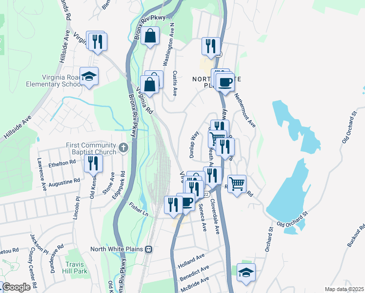 map of restaurants, bars, coffee shops, grocery stores, and more near 16 Washington Avenue North in White Plains