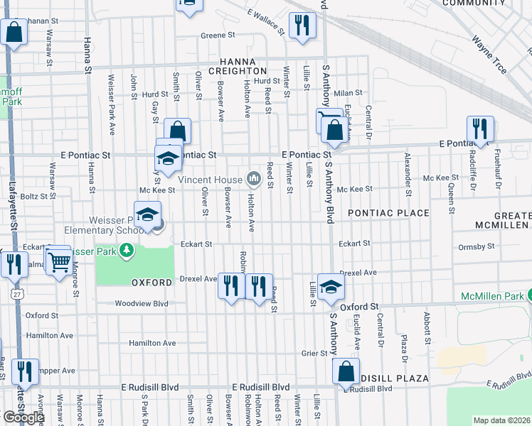 map of restaurants, bars, coffee shops, grocery stores, and more near 2938 Reed St in Fort Wayne