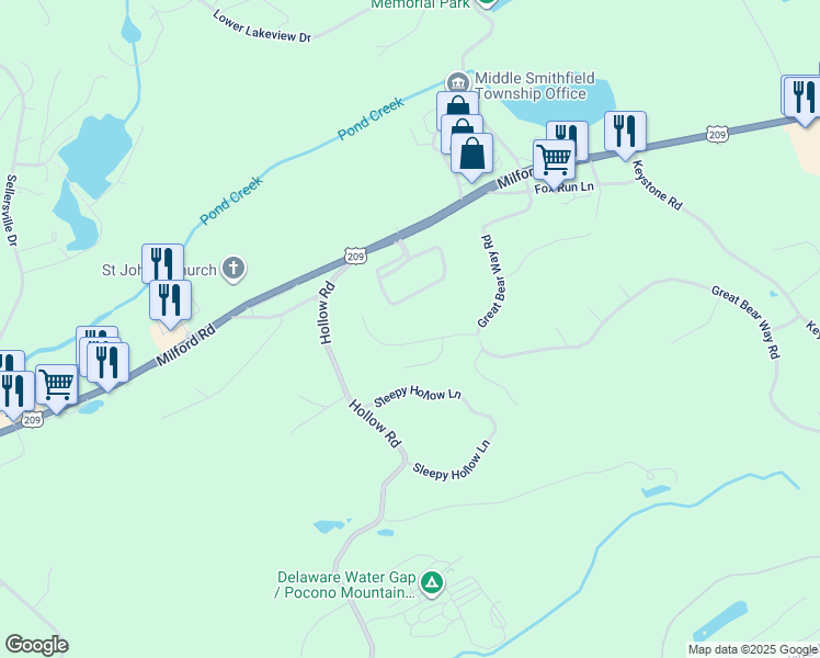 map of restaurants, bars, coffee shops, grocery stores, and more near 128 Milestone Drive in East Stroudsburg