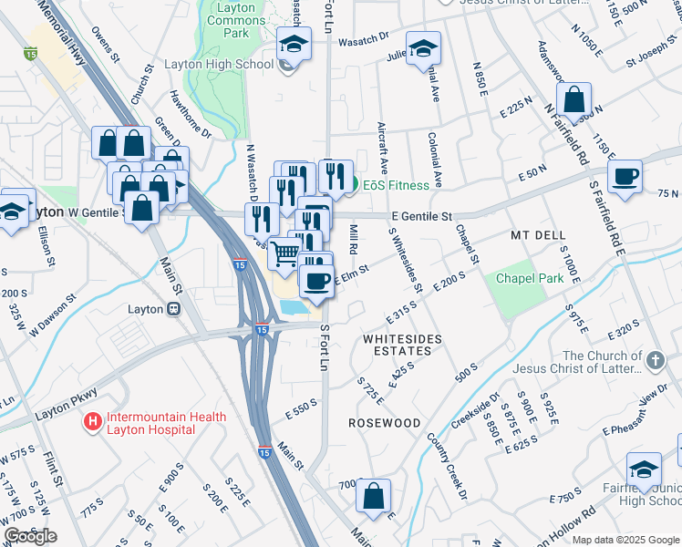 map of restaurants, bars, coffee shops, grocery stores, and more near 457 East Elm Street in Layton