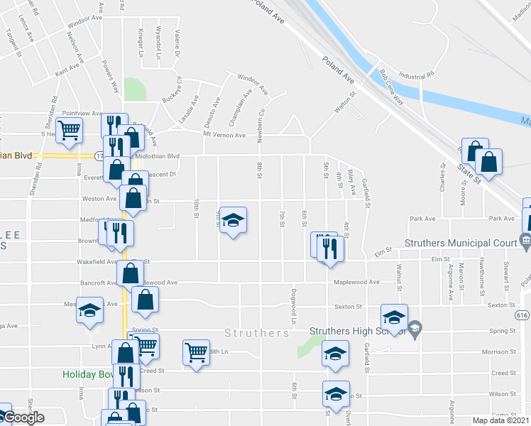map of restaurants, bars, coffee shops, grocery stores, and more near 490 8th St in Struthers