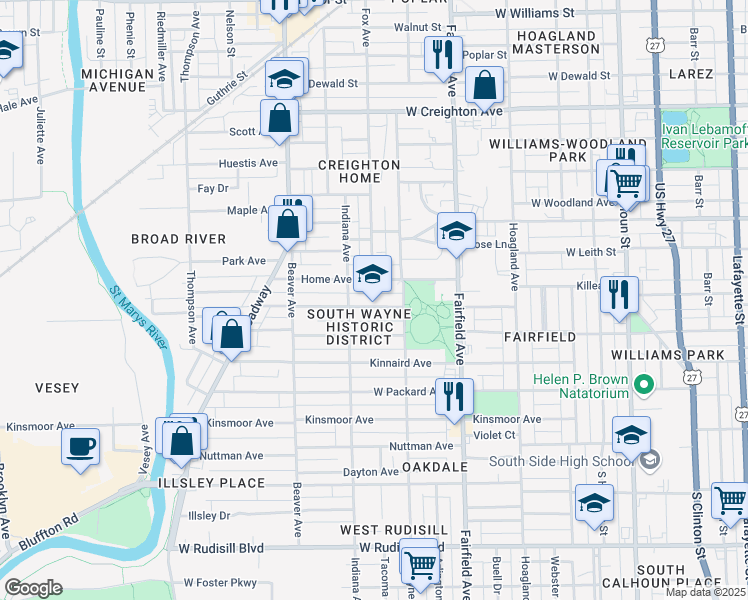 map of restaurants, bars, coffee shops, grocery stores, and more near 810 Cottage Avenue in Fort Wayne