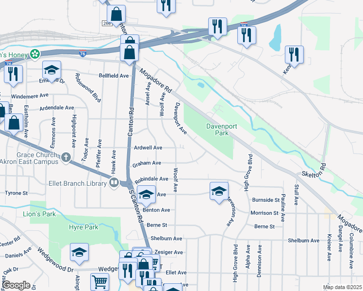 map of restaurants, bars, coffee shops, grocery stores, and more near 2599 Ardwell Avenue in Akron