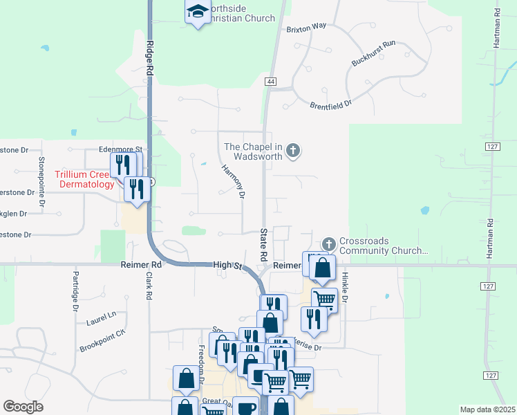 map of restaurants, bars, coffee shops, grocery stores, and more near 1288 Township Road 44 in Wadsworth