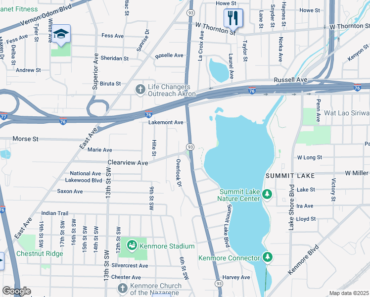 map of restaurants, bars, coffee shops, grocery stores, and more near 667 Clearview Avenue in Akron