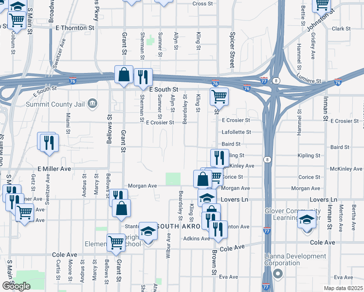 map of restaurants, bars, coffee shops, grocery stores, and more near 888 Beardsley Street in Akron