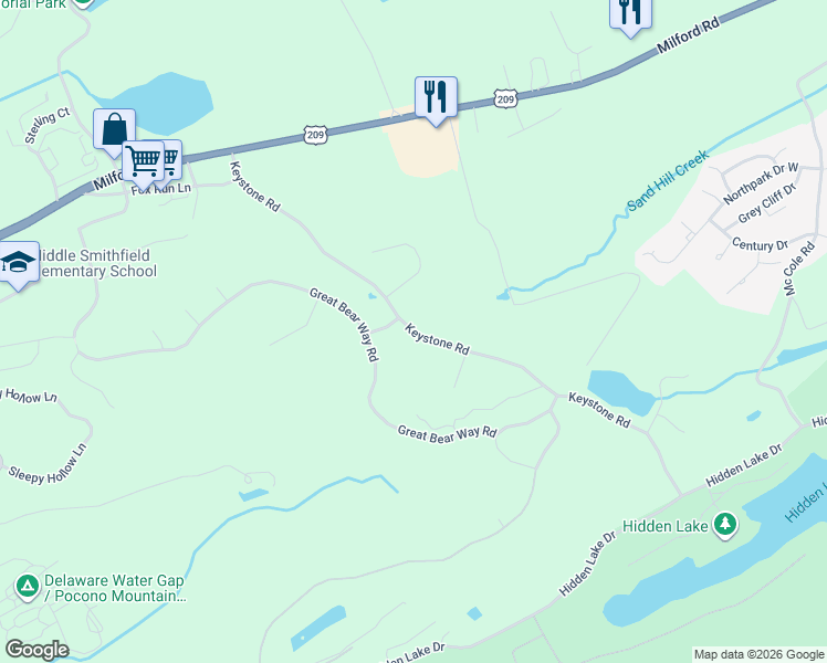 map of restaurants, bars, coffee shops, grocery stores, and more near 64 Keystone Road in East Stroudsburg