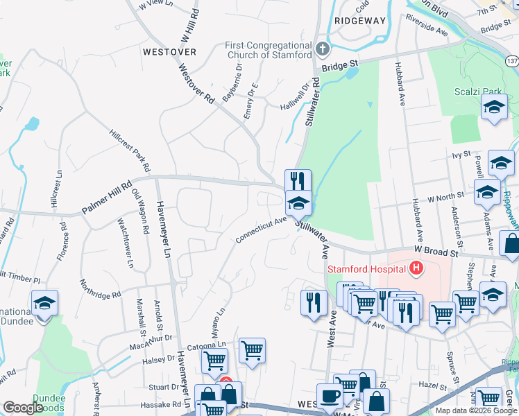 map of restaurants, bars, coffee shops, grocery stores, and more near 64 Stoneridge Circle in Stamford