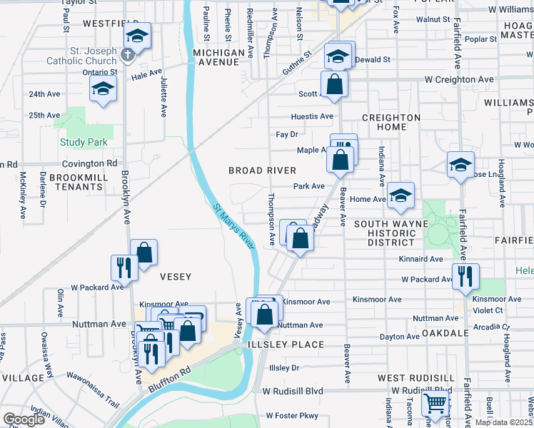 map of restaurants, bars, coffee shops, grocery stores, and more near 2904 Thompson Avenue in Fort Wayne