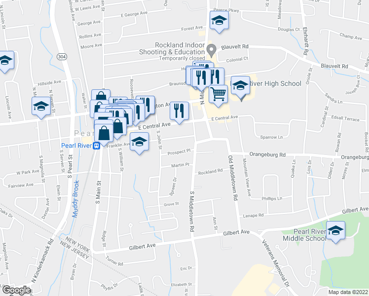 map of restaurants, bars, coffee shops, grocery stores, and more near 163 Prospect Place in Pearl River