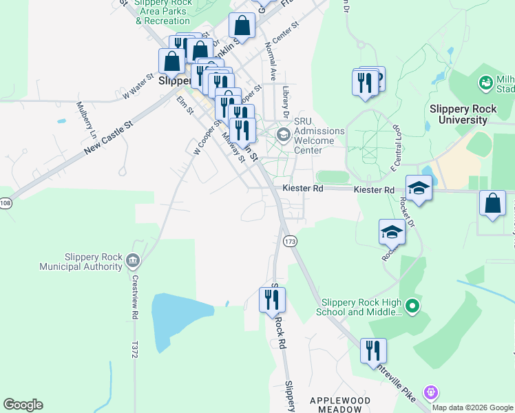 map of restaurants, bars, coffee shops, grocery stores, and more near 102 Fairview Drive in Slippery Rock