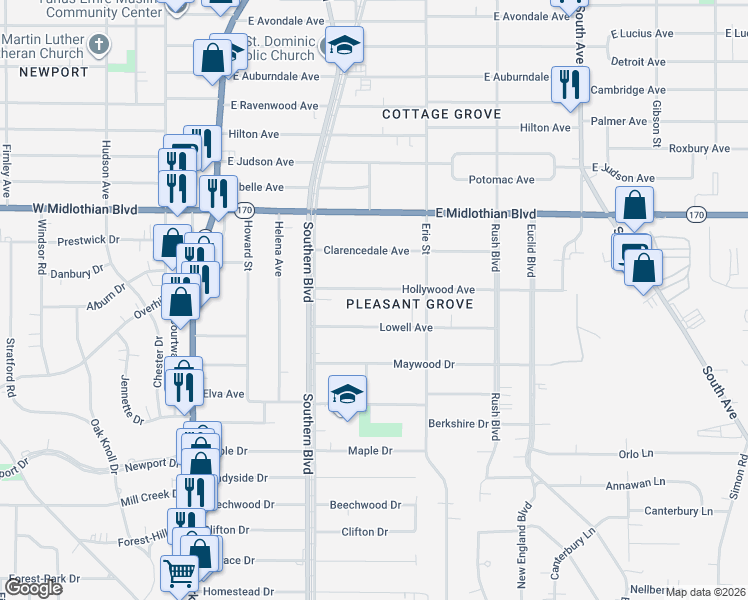map of restaurants, bars, coffee shops, grocery stores, and more near 153 Hollywood Avenue in Youngstown