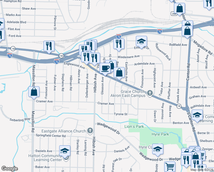 map of restaurants, bars, coffee shops, grocery stores, and more near 176 Prairie Dr in Akron