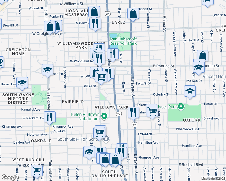 map of restaurants, bars, coffee shops, grocery stores, and more near 150 Esmond Street in Fort Wayne