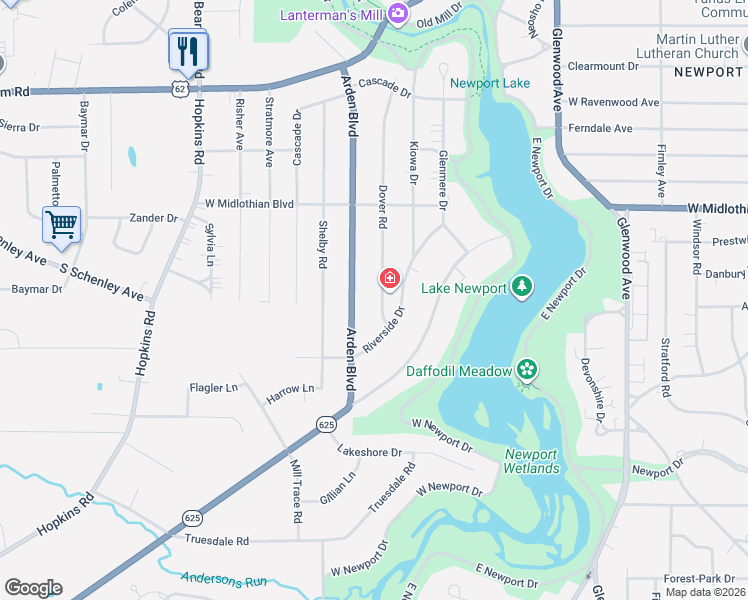 map of restaurants, bars, coffee shops, grocery stores, and more near 4047 Arden Boulevard in Youngstown