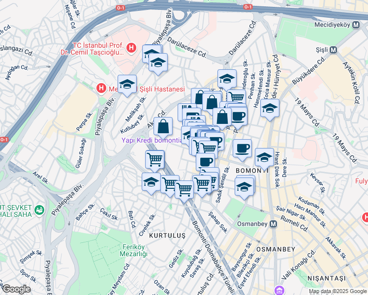 map of restaurants, bars, coffee shops, grocery stores, and more near Silahşör Caddesi in Şişli