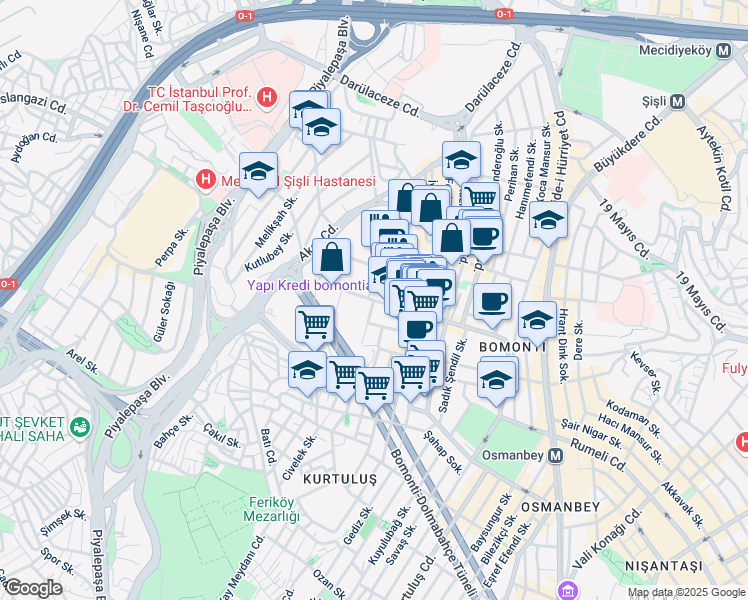 map of restaurants, bars, coffee shops, grocery stores, and more near 71 Silahşör Caddesi in Şişli