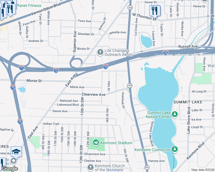 map of restaurants, bars, coffee shops, grocery stores, and more near 1484 Hite Street in Akron
