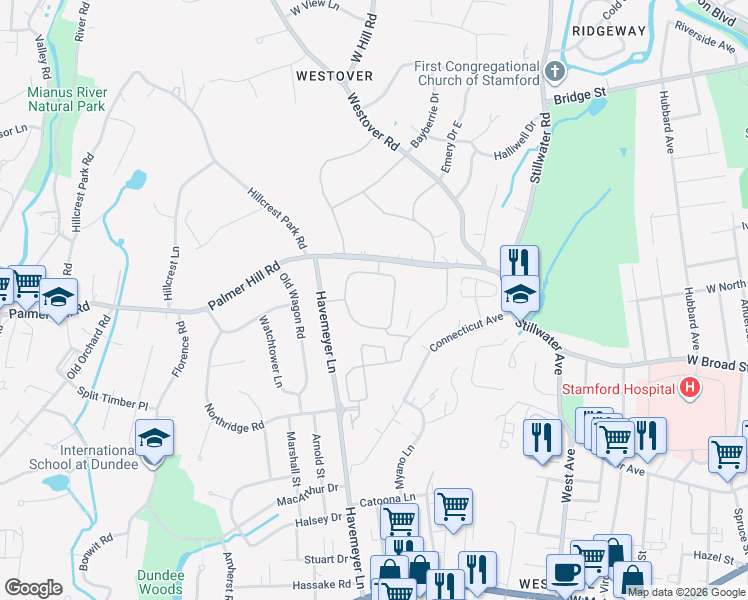 map of restaurants, bars, coffee shops, grocery stores, and more near 122 Palmers Hill Rd in Stamford