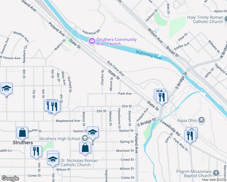 map of restaurants, bars, coffee shops, grocery stores, and more near 95 Park Ave in Struthers