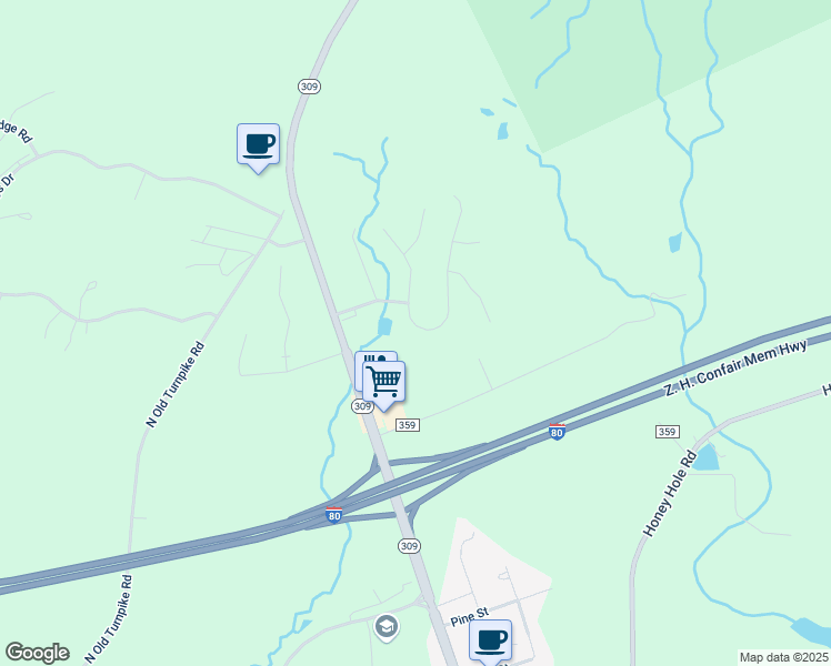 map of restaurants, bars, coffee shops, grocery stores, and more near 7 Sycamore Drive in Drums
