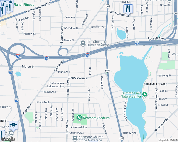 map of restaurants, bars, coffee shops, grocery stores, and more near 1484 Hite Street in Akron