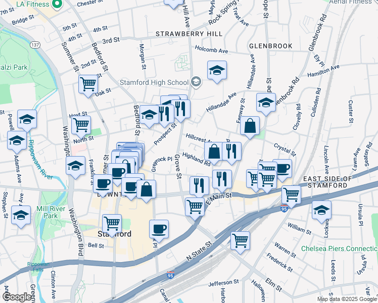 map of restaurants, bars, coffee shops, grocery stores, and more near 18 Highland Road in Stamford