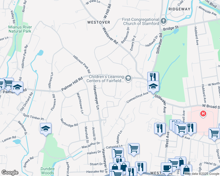 map of restaurants, bars, coffee shops, grocery stores, and more near 122 Palmer Hill Road in Stamford