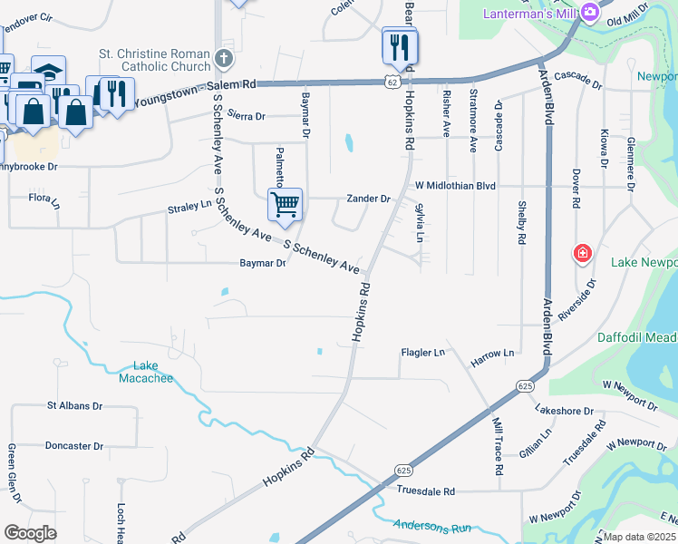 map of restaurants, bars, coffee shops, grocery stores, and more near 3996 South Schenley Avenue in Youngstown