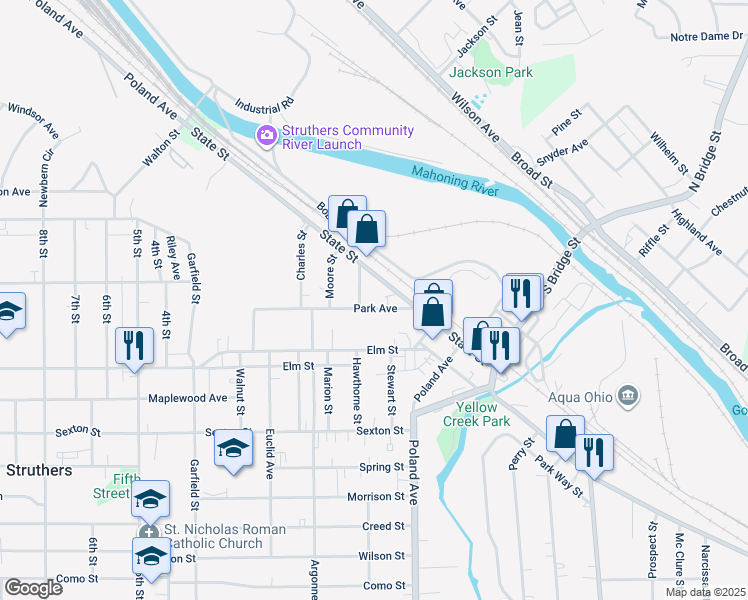 map of restaurants, bars, coffee shops, grocery stores, and more near 53 Park Ave in Struthers