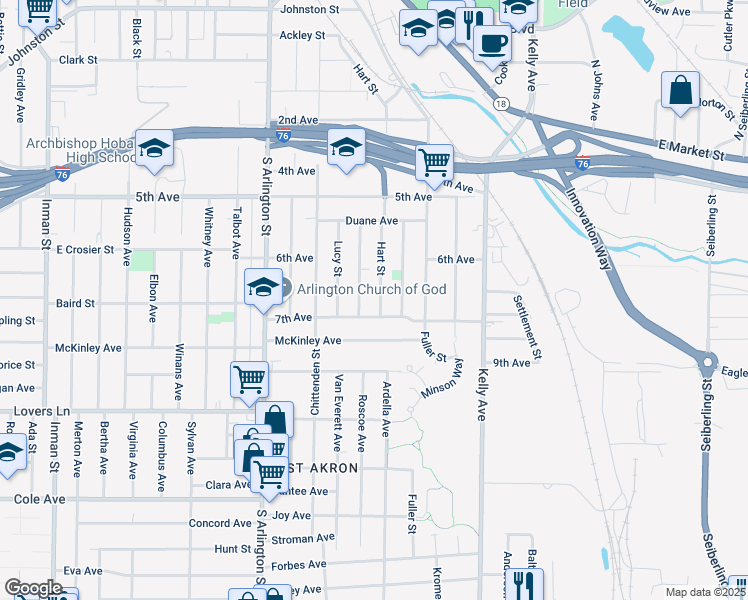 map of restaurants, bars, coffee shops, grocery stores, and more near 1444 Hart Street in Akron