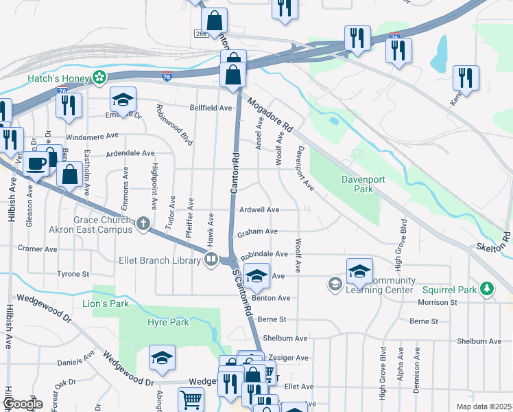 map of restaurants, bars, coffee shops, grocery stores, and more near 2511 Ardwell Avenue in Akron