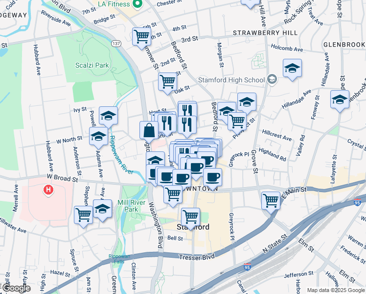 map of restaurants, bars, coffee shops, grocery stores, and more near 700 Summer Street in Stamford