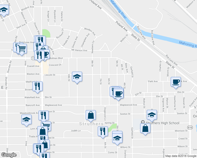 map of restaurants, bars, coffee shops, grocery stores, and more near 487 7th Street in Struthers