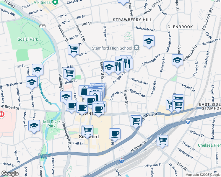 map of restaurants, bars, coffee shops, grocery stores, and more near 77 Prospect Street in Stamford