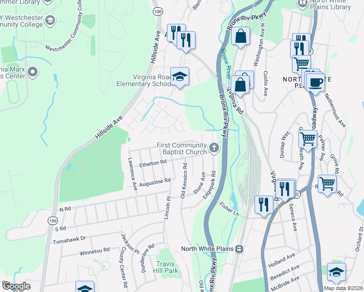 map of restaurants, bars, coffee shops, grocery stores, and more near 37 Maryton Road in White Plains