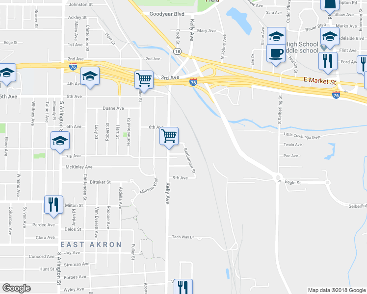 map of restaurants, bars, coffee shops, grocery stores, and more near 1346 Markle Street in Akron