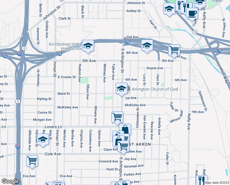 map of restaurants, bars, coffee shops, grocery stores, and more near 519 Talbot Avenue in Akron