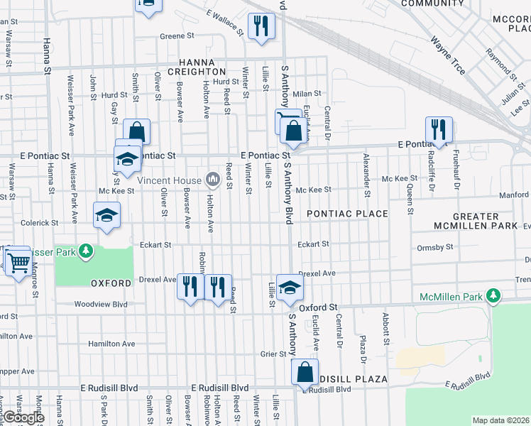 map of restaurants, bars, coffee shops, grocery stores, and more near 2938 Lillie Street in Fort Wayne